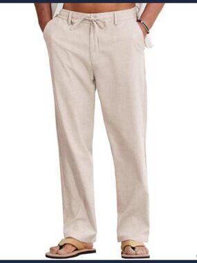 Men's Cotton Linen Drawstring Pants Lightweight Summer Casual Beach Pants